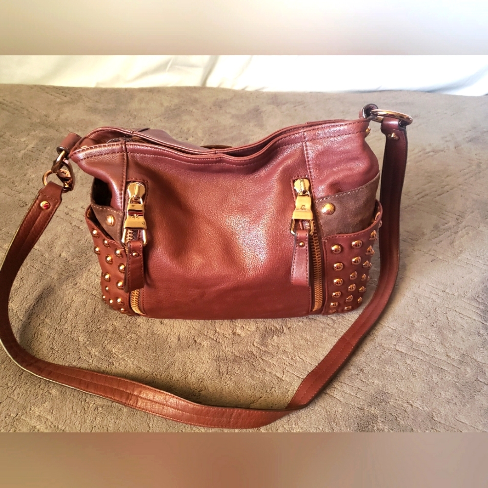 B. Makowsky Rich Chocolate Brown Rose Gold Studded Slouch Shoulder Handbag